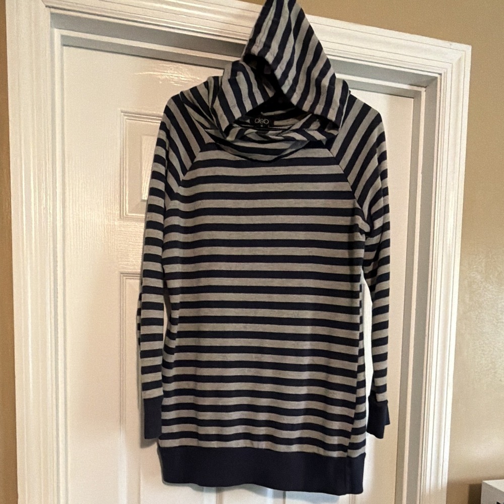 deb Women's Plus 1X Hooded Pullover Hoodie Navy Gray Striped Long Sleeve - Picture 5 of 9